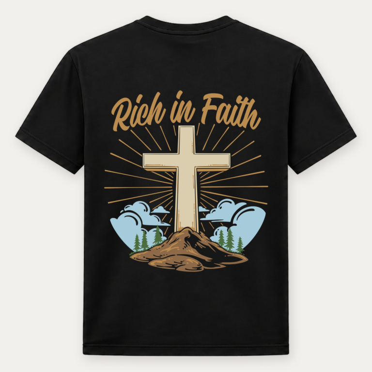 Rich in Faith black tee, back design